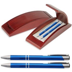 JJ Series Pen and Pencil Gift Set in Rosewood Color Wood Gift Box with Hinge Cover, Blue pen