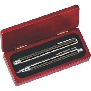 Dot Grip Pen Set Series- Gray Pen and Roller Pen Set, Crescent Moon Shape Clip, Rosewood gift box