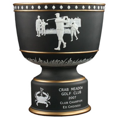 Black / Gold Vintage Bowl Ceramic Golf Trophy with Raised Figures (9 1/2"x8 1/2")