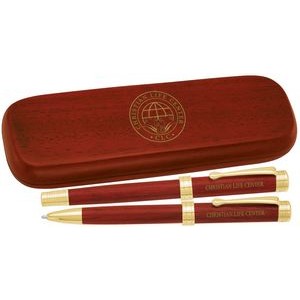 Rosewood Rollerball / Ballpoint Pen Set With Wood Box