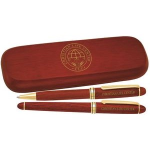 6-3/4"x2"x7/8" Rosewood Rollerball / Ballpoint Pen Set With Box
