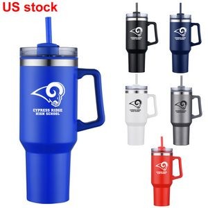 40 oz Double Wall Insulated Travel Mug with Handle and Straw