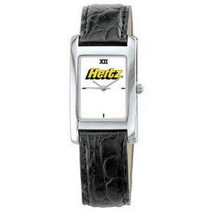 Unisex Silver Watch With Rectangular Dial And Black Leather Band