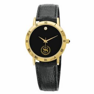 Ladies' Leather Band Collection Stone Dial Watch With Black Face Plate