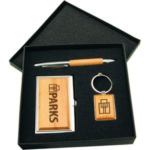 Beechwood/Zinc Finish Gift Set with Business Card Case, Pen & Keychain