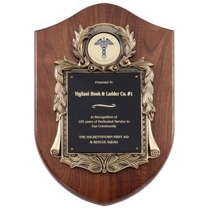 Notched Walnut Plaque with Black Brass Plate and Medallion