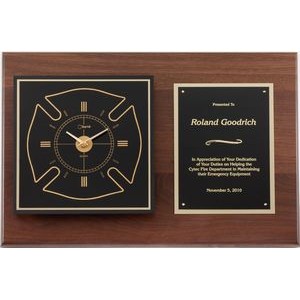 Walnut Rectangle Quartz Clock w/Fire Dept. Emblem Outline, 18"x12"