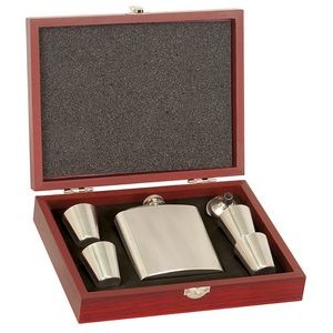 6 Oz. Laserable Stainless Steel Flask Set in Rosewood Presentation Box
