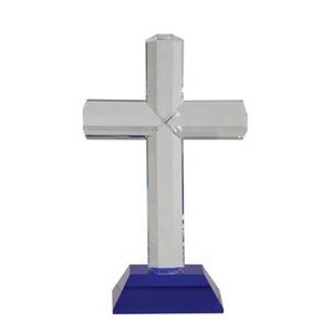 Crystal Cross on Blue Pedestal Base, 8-1/2"H