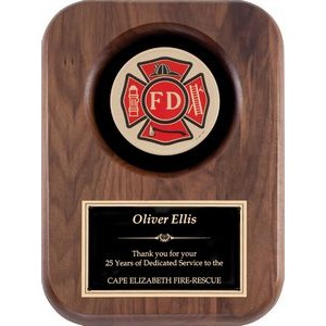 Rounded Walnut Plaque, 4" Red FD Insignia in Black Velour Circle, 9"x12"