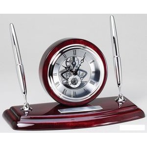 Rosewood Piano Finish/Silver Desk Clock on Base with 2 Pens