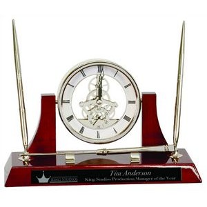 10-1/2" x 6" Executive Silver/Rosewood Piano Finish Clock w/2 Pens and Letter Opener
