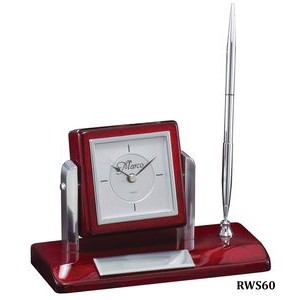 Rosewood/Aluminum Tilt Clock on Base w/Pen, 7-1/2" x 8" x 3-1/2"