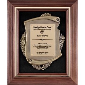 Walnut Frame with Scroll & Brushed Brass Plate on Black Velour, 12-1/2"x15-1/2"