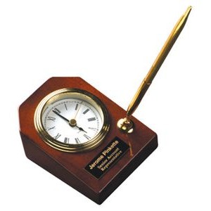 Rosewood Piano Finish/Gold Desk Clock on Base with Pen