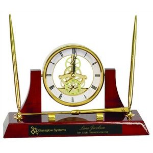 10-1/2" x 6" Executive Gold/Rosewood Piano Finish Clock w/2 Pens and Letter Opener