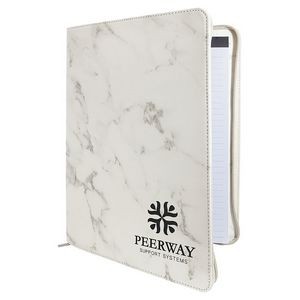 White Marble Zippered Portfolio with Notepad, 9-1/2" x 12" Laserable Leatherette