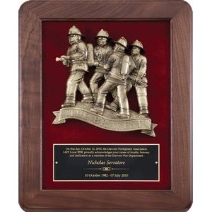 Rounded Walnut Plaque with Cast Metal "Firemen In Action" on Red Velour, 12"x15"