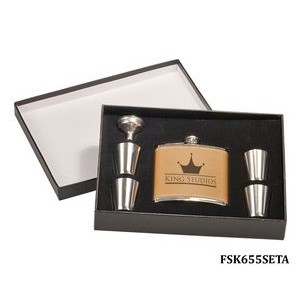 6 Oz. Faux Leather Stainless Steel Flask Set in Black Presentation Box