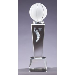 Crystal Basketball Award w/3-D Player Image, 2-1/2"x8-3/4"H