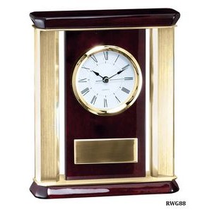Rosewood Piano Finish Mantel Clock with Flanking Gold Columns, 7-1/2"x9"H