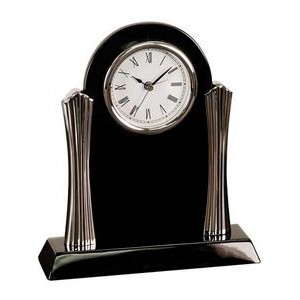 Ebony Piano Finish Clock with Silver Columns, 7-1/2" x 8-1/4"