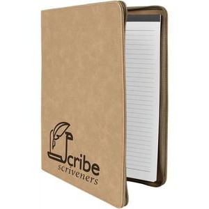 Light Brown Zippered Portfolio with Notepad, 9-1/2" x 12" Laserable Leatherette