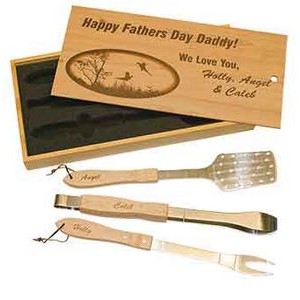 3-Piece Oak/Stainless Laserable BBQ Gift Set