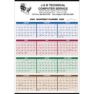 Single Sheet Wall Calendar - 4-Color Quarterly Full Year View: 2025