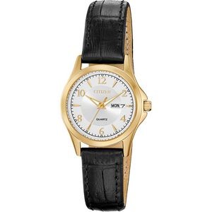 Citizen® Ladies' Quartz Watch, Black Leather Strap with Silver Dial