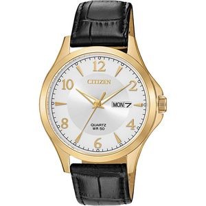 Citizen® Men's Quartz Watch, Black Leather Strap with Silver Dial