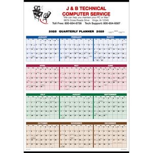 Single Sheet Wall Calendar - 4-Color Quarterly Full Year View: 2+ Colors 2025