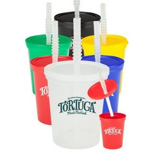 16 Oz. Plastic Stadium Cups with Lid and Straw