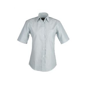 Ladies Cotton Blend Oxford Striped Short Sleeve Shirt (GREEN) (XS-3XL)