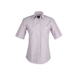 Ladies Cotton Blend Oxford Striped Short Sleeve Shirt (Burgundy) (XS-3XL)