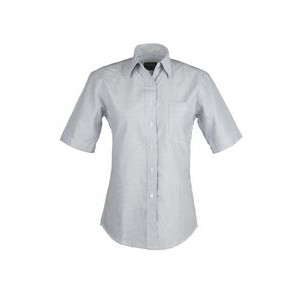 Ladies Cotton Blend Oxford Striped Short Sleeve Shirt (BLACK) (XS-3XL)