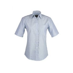 Ladies Cotton Blend Oxford Striped Short Sleeve Shirt (Navy) (XS-3XL)