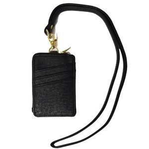 Ashlin® Designer Midnight Black Aulora Leather Zippered I.D. Holder w/Lanyard
