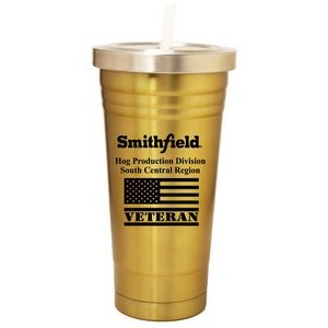22 Oz. Double Wall S. Steel Tumbler with Straw/ Screw-On Lid, Gold Color