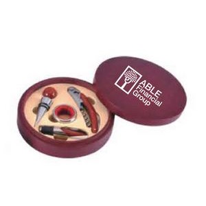 4 Piece Wine Tool Set In Round Red Wood Case