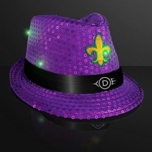 Custom Mardi Gras Sequin Fedora w/ Flashing Jade LEDs - Domestic Print