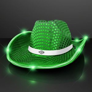 Green Sequin Cowboy Hat with White Band - Domestic Print