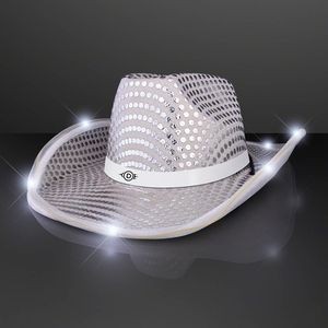 Silver Sequin Cowboy Hat with White Band - Domestic Print