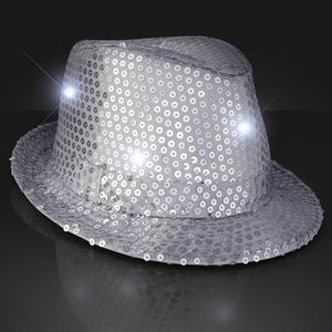Flashing LED Silver Sequin Fedora Hats - BLANK
