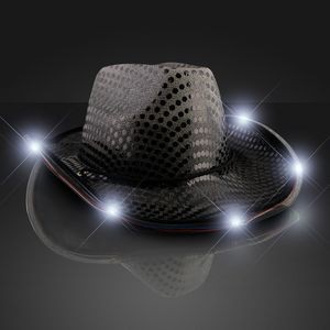 Black Sequin Cowboy Hat w/White LED Brim - BLANK