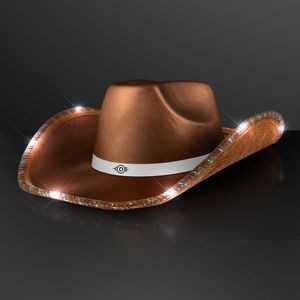 Brown Shimmer Light Up Shiny Cowboy Hat with White Band - Domestic Print