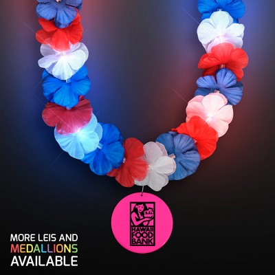 Red, White & Blue LED Hawaiian Lei with Custom Pink Medallion - Domestic Imprint