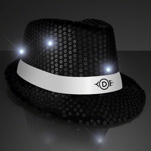 Custom Shiny Black Fedora Hat w/ White Bands - Domestic Print