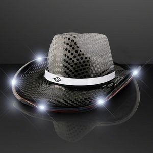 Black Sequin Cowboy Hat with White Band - Domestic Print