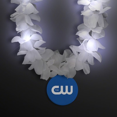 Light Up White Flower Lei with Blue Medallion - Domestic Print